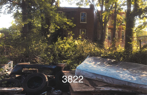 View of an abandoned brick building in an overgrown lot